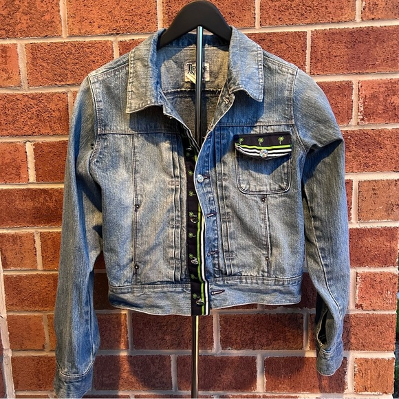 Tie One On NY Y2K denim jacket with Palm Tree trim and Rhinestone buttons SZ 8 - Picture 1 of 4